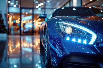new modern blue luxury sports car is on sale at dealership. Front headlight