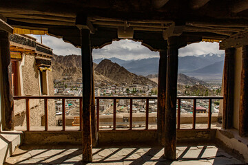 Mesmerizing scenic view of Old Leh City from Leh Palace. The city is located in the Indian Himalayas at an altitude of 3500 meters. viewed from Leh Palace. 