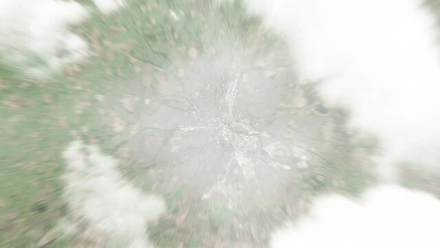 Earth zoom in from space to Derby, United Kingdom. Followed by zoom out through clouds and atmosphere into space. Satellite view. Travel intro. Images from NASA