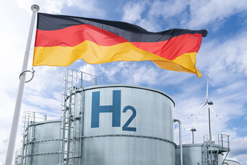 German flag on a background of green hydrogen factory. Concept