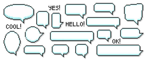Speech bubbles of various shapes in the pixel art style with 3d effect. Set of empty pixelated speech bubbles with text. Vector illustration on a white background. - obrazy, fototapety, plakaty
