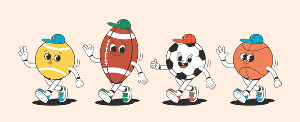 Naklejka premium Tennis, football, basketball and rugby balls in groovy style. Characters from the 30s. Funny colorful illustration in hippie style.