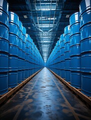 A warehouse filled with a long row of blue barrels on pallets containing liquid chemical. Rows of blue industrial drums stored in a warehouse, symbolizing mass storage and logistics. Generative AI - obrazy, fototapety, plakaty