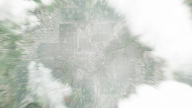Earth zoom in from space to Edmonton, Canada. Followed by zoom out through clouds and atmosphere into space. Satellite view. Travel intro. Images from NASA