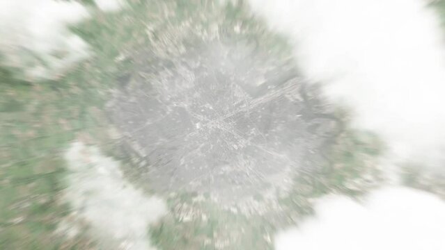 Earth zoom in from space to Kitchener, Canada. Followed by zoom out through clouds and atmosphere into space. Satellite view. Travel intro. Images from NASA