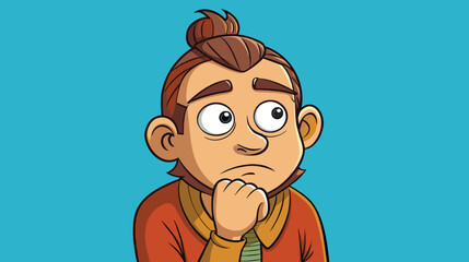 Concerned Cartoon Man With Hand on Chin Against Blue Background