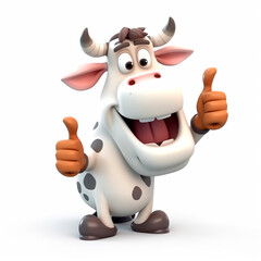 Cartoon cow with black and white spots is shown giving thumbs up gesture with smile on its face. Cows eyes are wide open, and its body is positioned in a casual, standing pose. 