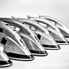 A row of black and white irons is neatly arranged on top of a table. Each iron is identical in color and size, creating a visually striking display.