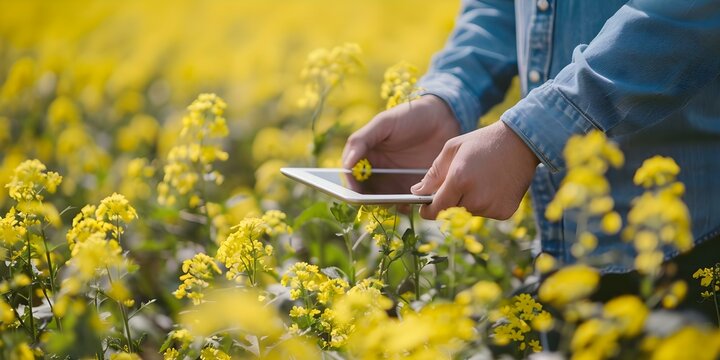 Closeup of hands using a tablet to inspect canola quality. Concept Agriculture, Crop Inspection, Hands-on Technology, Canola Quality, Close-up Photography