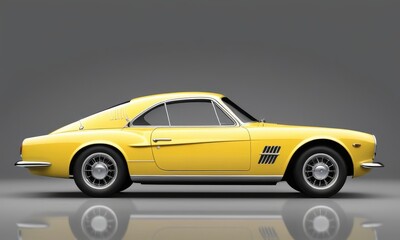 The sleek yellow body of a classic sports car shines with sophistication. This iconic design merges history with performance in a dramatic monochromatic backdrop.