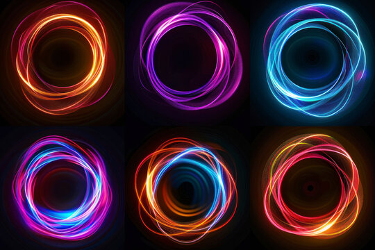 Set of glowing neon color circles round curve shape with wavy dynamic lines isolated on black background technology concept.