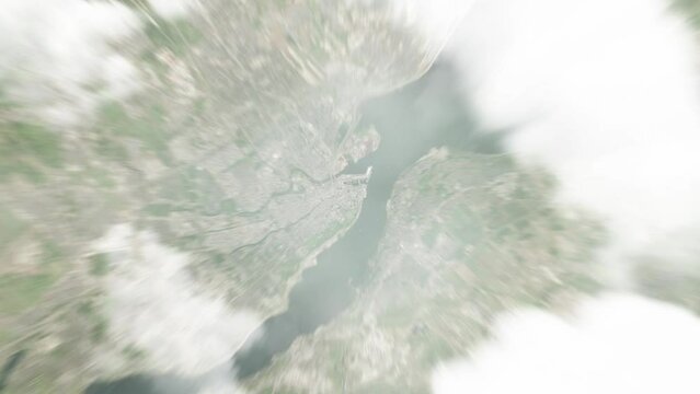 Earth zoom in from space to Quebec, Canada. Followed by zoom out through clouds and atmosphere into space. Satellite view. Travel intro. Images from NASA