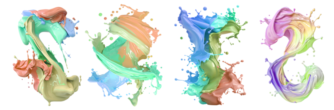 Set of pastel mixed multi colour colourful cream liquid paint ink splash swirl wave on transparent background cutout, PNG file. Many assorted different design. Mockup template for artwork graphic