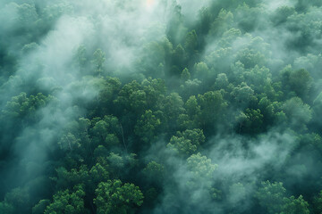 background forest with fog aerial view