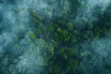 Obraz premium background forest with fog aerial view