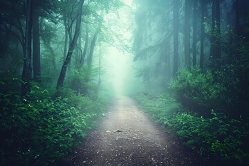 Foggy forest path leading into the unknown Creating a mystical and adventurous setting for storytelling or exploration themes.