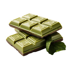 Chocolate with matcha tea craft production, green bars on white background