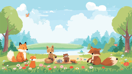 Obraz na płótnie Canvas A charming scene of animals having a picnic in a su