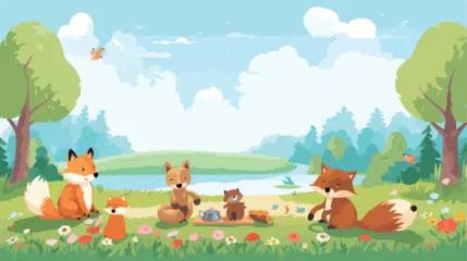 Poster Im Rahmen A charming scene of animals having a picnic in a su © Mishi