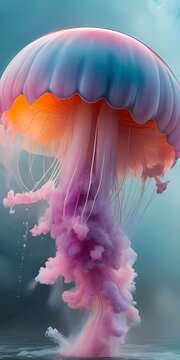 "Captivating image of a vibrant, multicolored jellyfish floating gracefully in the ocean depths. Perfect for marine enthusiasts and nature lovers. Dive into the mesmerizing world of underwater beauty.
