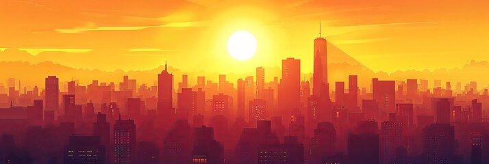 City Downtown Sunrise, Sunny Skylines in Morning, Sunset Buildings Silhouettes, Warm Color