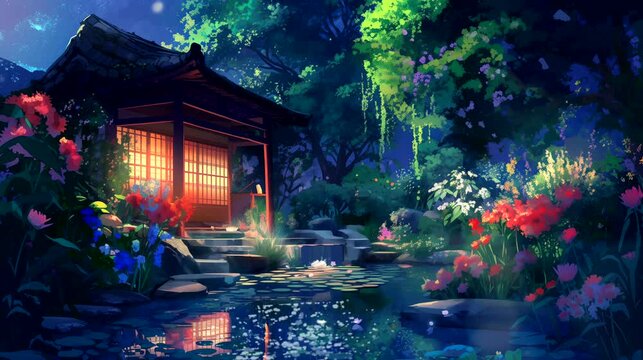 Garden pond with colorful blooms at night. Fantasy landscape anime or cartoon style, looping 4k video animation background