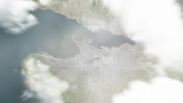 Earth zoom in from space to Vancouver, Canada. Followed by zoom out through clouds and atmosphere into space. Satellite view. Travel intro. Images from NASA