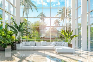 Modern Living Room Design, Luxury Elegant Interior, Green Plants, Panoramic Windows, Copy Space