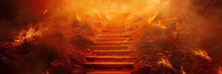Steps to Hell, Fire Stairway, Halloween Party Entrance, Flame Inferno Steps Road to Hell, Copy Space