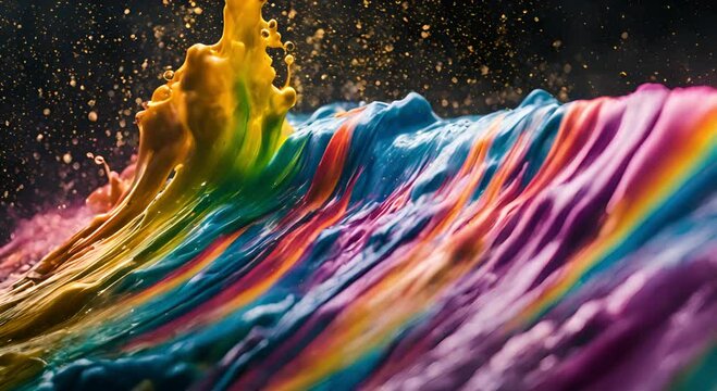 Rainbow colored ink falls on the water