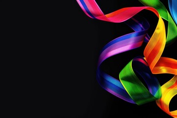 A colorful ribbon is shown on a black background. The ribbon is long and has a rainbow pattern. Pride Month Concept - obrazy, fototapety, plakaty
