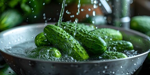 Cucumbers being washed and cleaned in a stream of running water . Concept Food Prep, Fresh Produce, Hygiene, Kitchen Essentials - obrazy, fototapety, plakaty