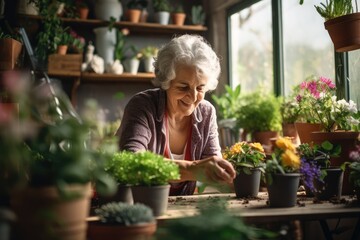 Woman Caring for House Plants, Taking Care of Home Garden, Elderly Gardening, Retired Female