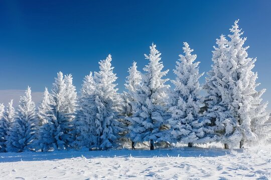 Frosty winter landscape with snow-covered trees under a clear blue sky Capturing the tranquil beauty of the season for holiday themes or winter product promotions.