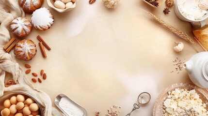 Fototapeta na wymiar Baking ingredients in bakery, top view