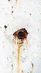 Rusted white painted metal wall. Rusty metal background with streaks of rust. Rust stains. The...