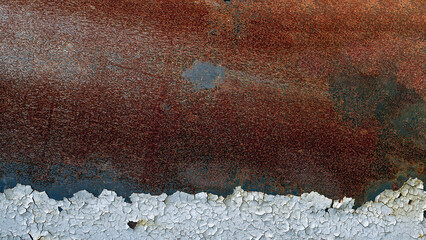 Rusted white painted metal wall. Rusty metal background with streaks of rust. Rust stains. The...