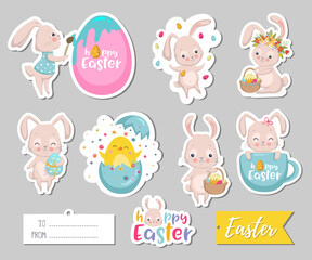 Fototapeta premium Set of Easter gift tags, scrapbooking elements, labels, badges with cute bunnies and lettering . Easter greeting stickers with bunny, flowers, eggs