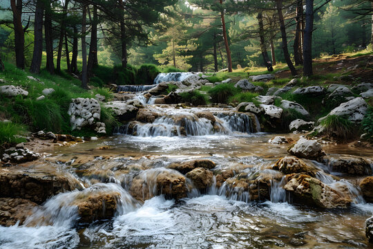 A scenic view of a stream in the forest with a waterfall in the mountains. Ideal for nature and travel-related promotions.