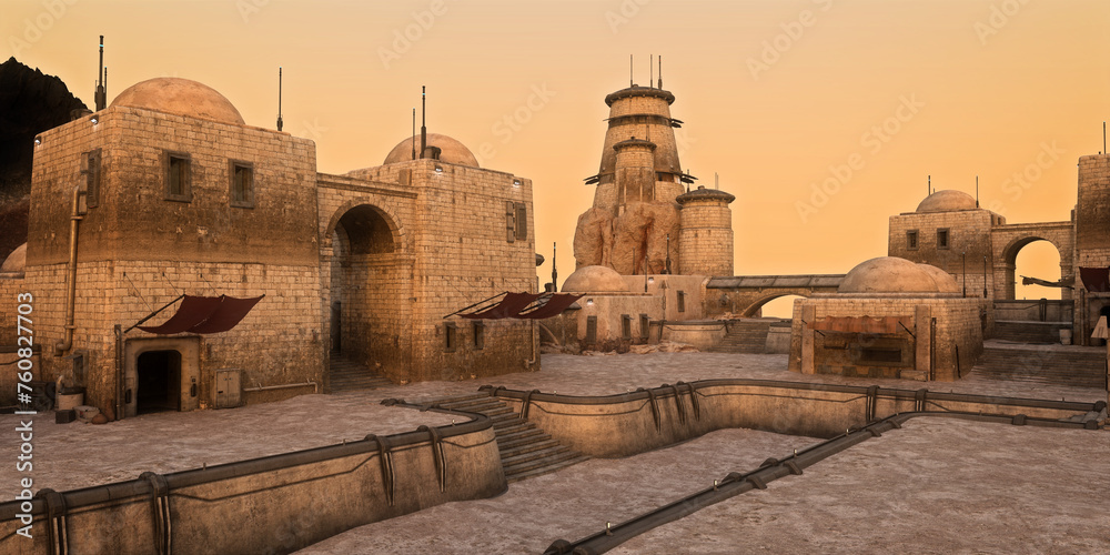 Poster outpost settlement buildings on a fantasy alien desert planet. 3d render.