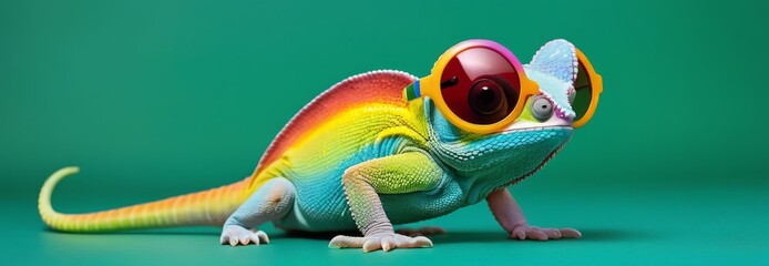 This chameleon exudes coolness as it crawls along, sporting oversized red sunglasses that pop against its multi-hued skin. The green backdrop highlights its rainbow-like colors and playful demeanor.