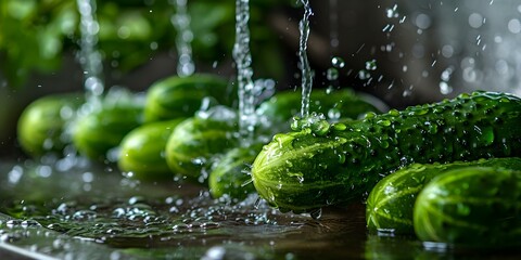 Washing and Cleaning Cucumbers in a Flowing Stream of Water. Concept Summer Harvest, Fresh Vegetables, Farm Life, Sustainable Living, Nature's Bounty