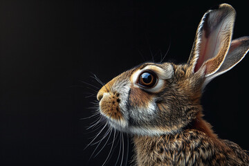 Close-up portrait of beautiful brown hare isolated on black background, copy space