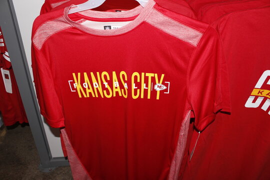 K C Chiefs T-Shirt on a rack closeup
