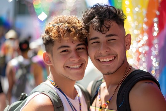 Two young men are smiling and posing for a picture. They are wearing backpacks and one of them has a necklace around his neck. Pride Month Concept