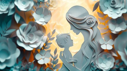 Happy Mother's day concept, floral decorations in paper art style. Paper craft card of mother holding child. Generative ai.