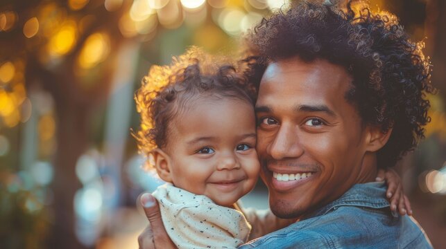 Afro-american Father and little child on nature background, Father's Day, love family, parenthood, childhood concept. Generative ai