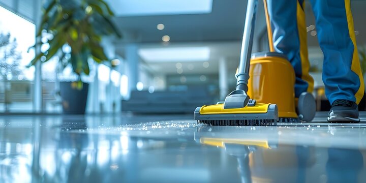 A person in uniform using a vacuum cleaner in an office . Concept Occupational Work, Cleaning Equipment, Office Setting, Uniformed Employee, Daily Routine