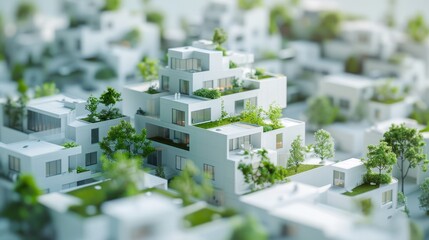 Man modeling sustainable green city concept with eco friendly white buildings and small trees from paper, representing urban planning and environmental conservation. Generative ai