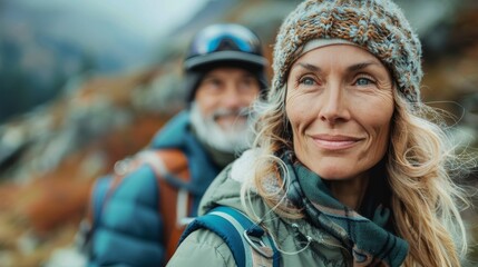 50 year old mordern woman and man with backpacks hiking trekking on mountains.  Seniors active...